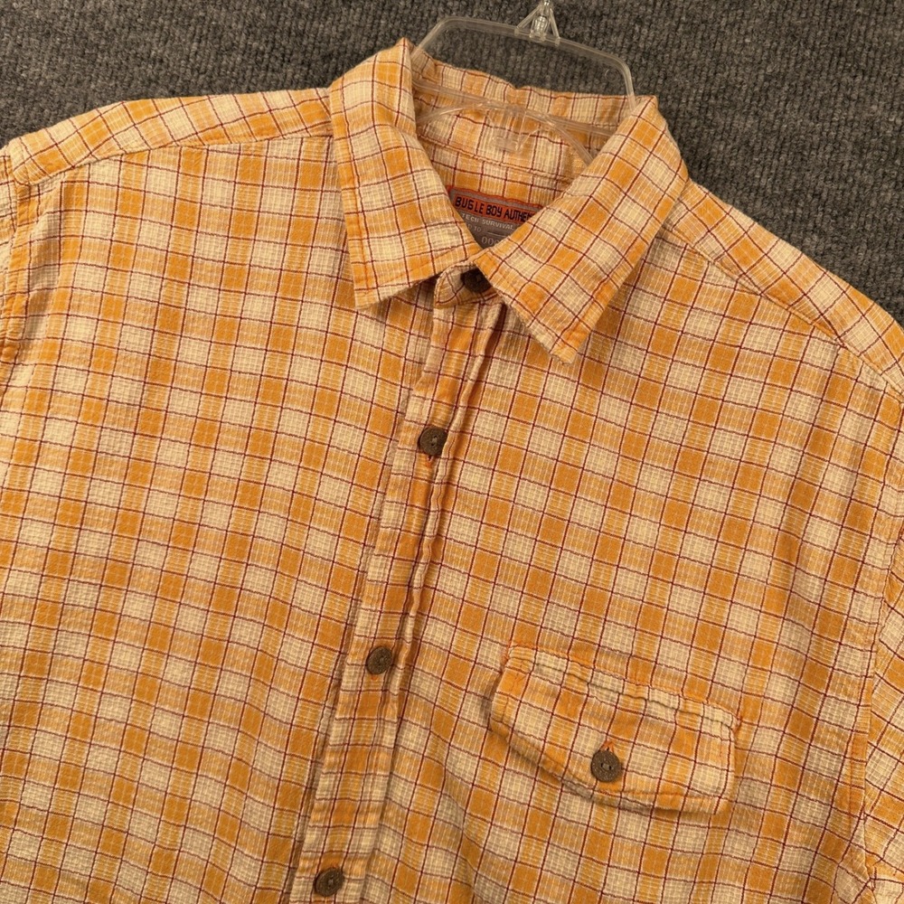Bugle Boy Authentics Mens Large Orange Plaid Short Sleeve Cotton Button Up Shirt